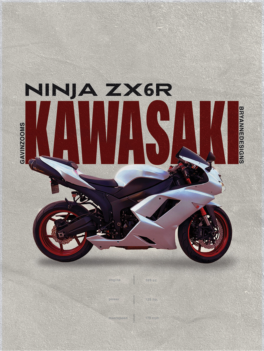 Ninja ZX6R Kawasaki motorcycle with tan back ground and typography about the bike information