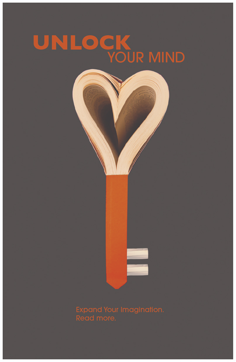 Unlock Your Mind ad campaign showing a book manipulated into the shape of a key