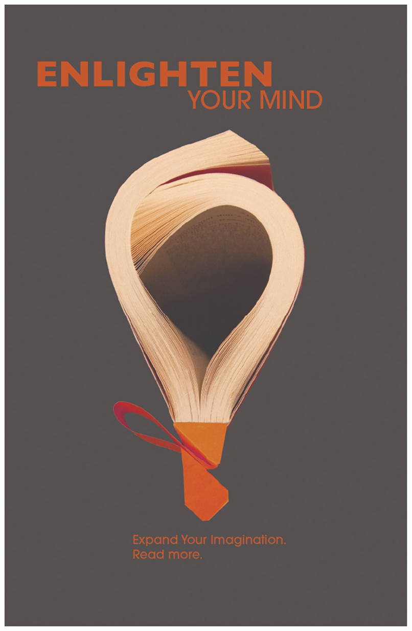 Enlighten your mind ad campaign showing a book manipulated into looking like a light bulb
