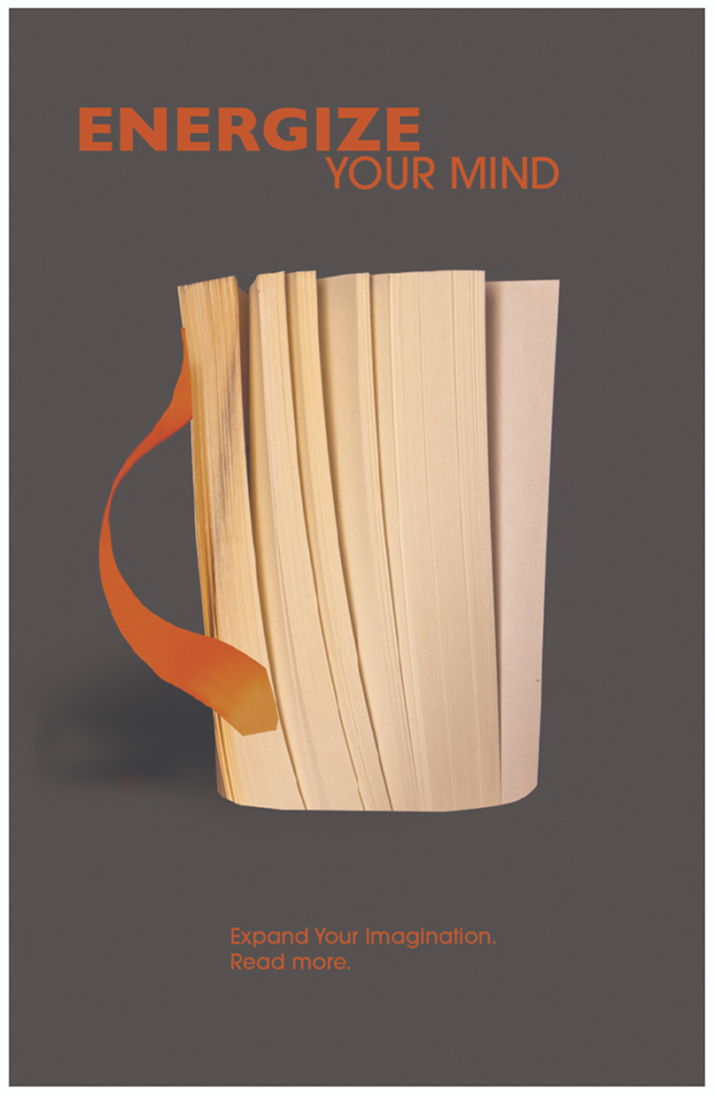 energize your mind ad campaign showing a book that is manipulated to resemble a coffee mug