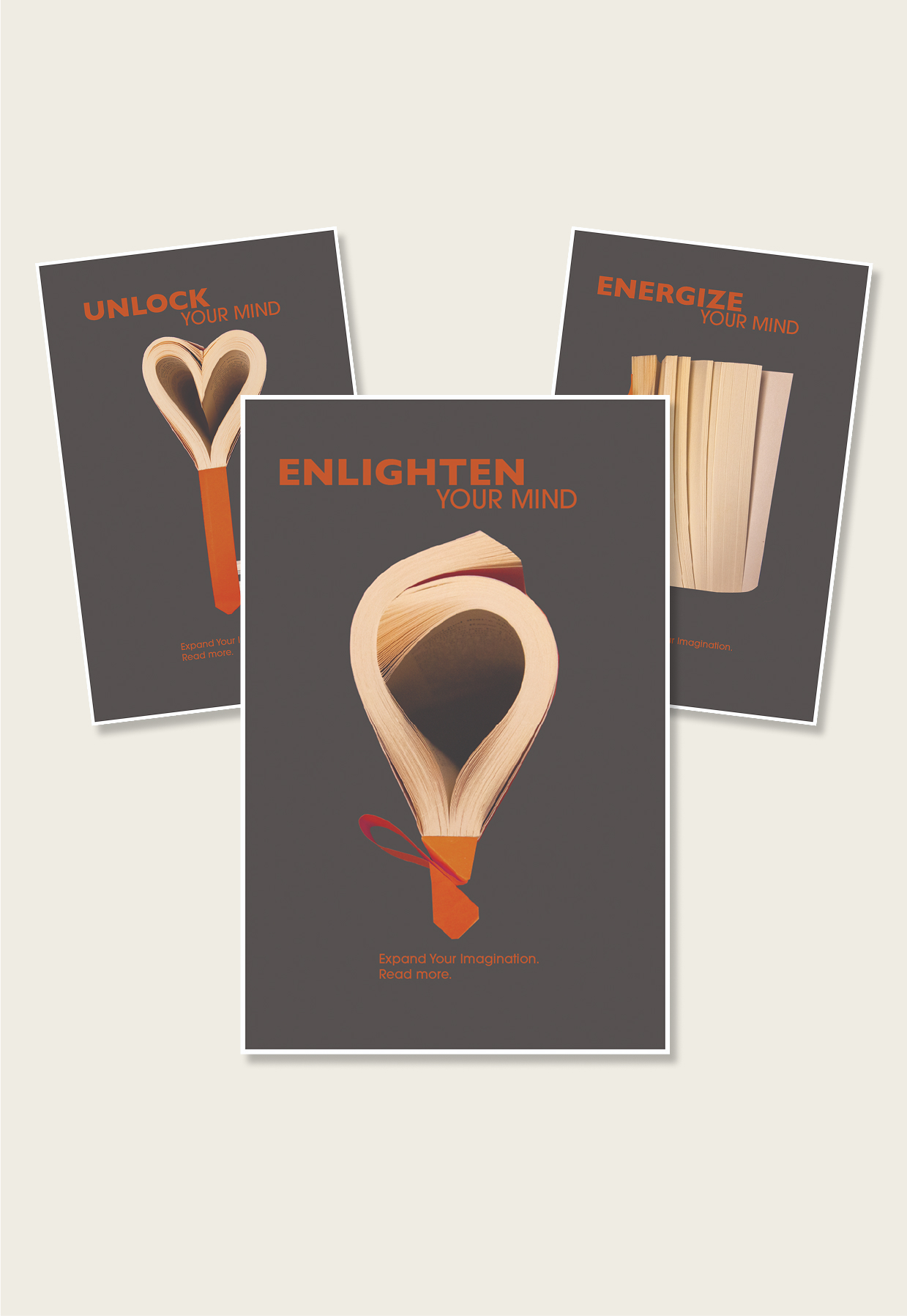 Trio set ad campaign with gray background and book pages manipulated