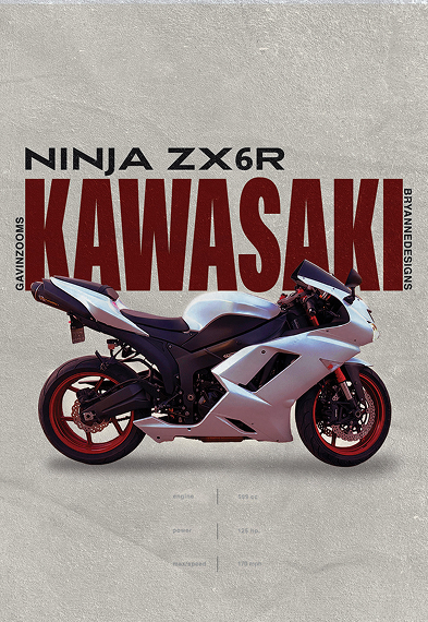Ninja ZX6R Kawasaki motorcycle with tan back ground and typography about the bike information