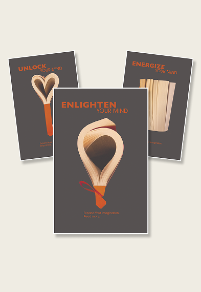 Trio set ad campaign with gray background and book pages manipulated