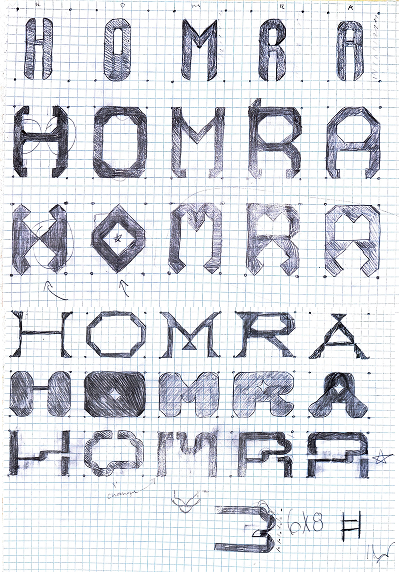Different sketches reading"Homra" over and over of different types