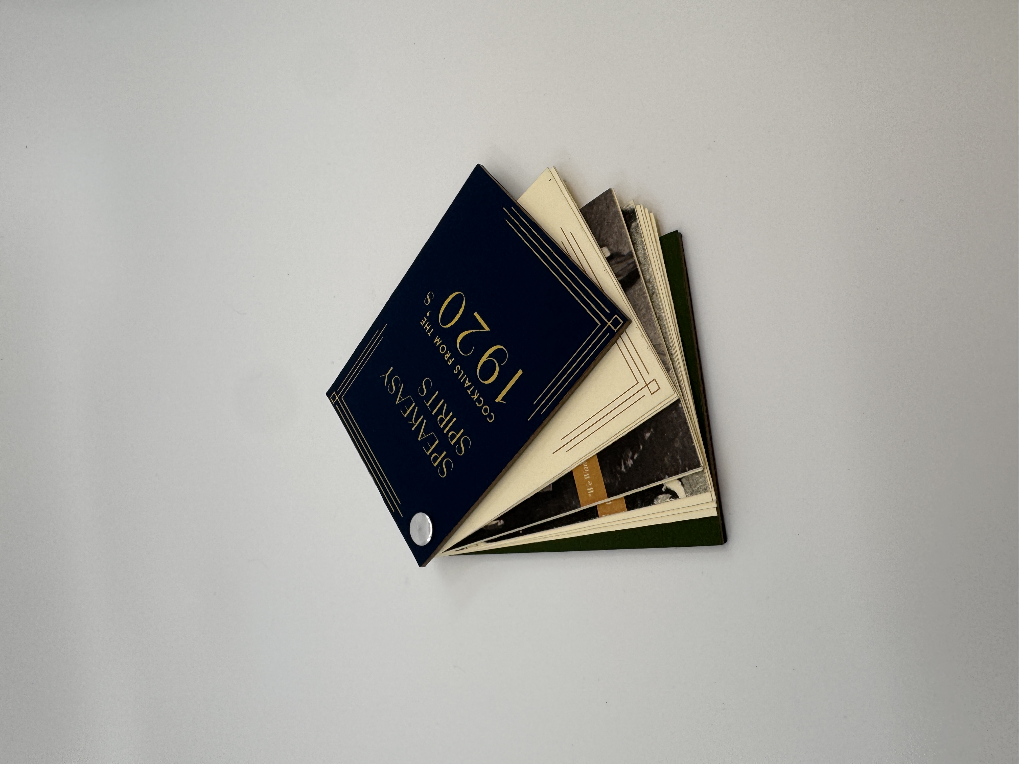 fanned out booklet that reads "Speakeasy Spirits Cocktails from the 1920s