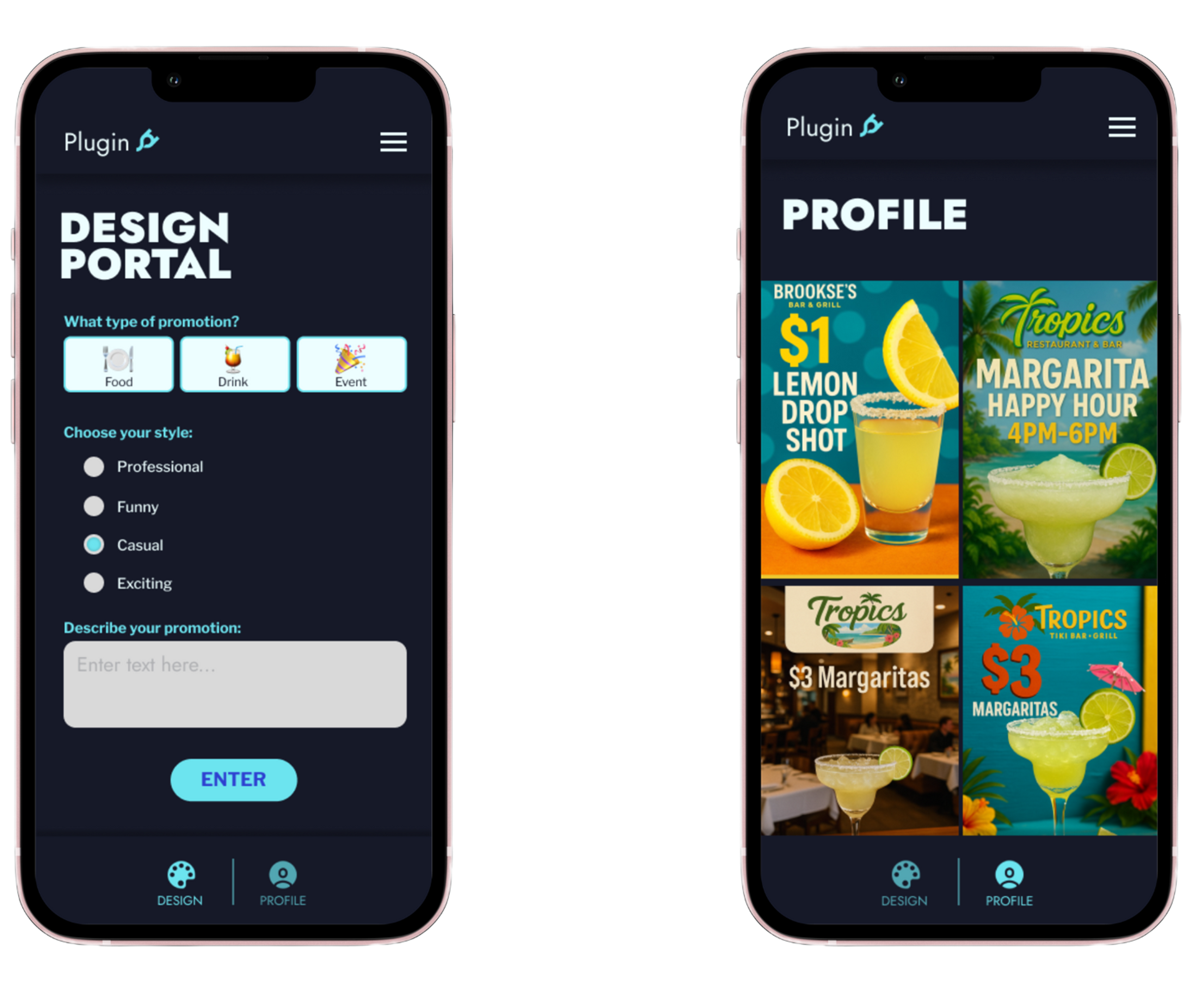two iPhones showing the design portal of an application and the profile view