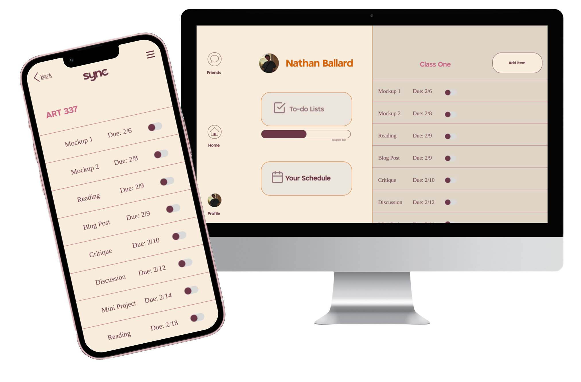 iPhone tilted showing ART 337 to do list next to a iMac displaying a home page area for the application