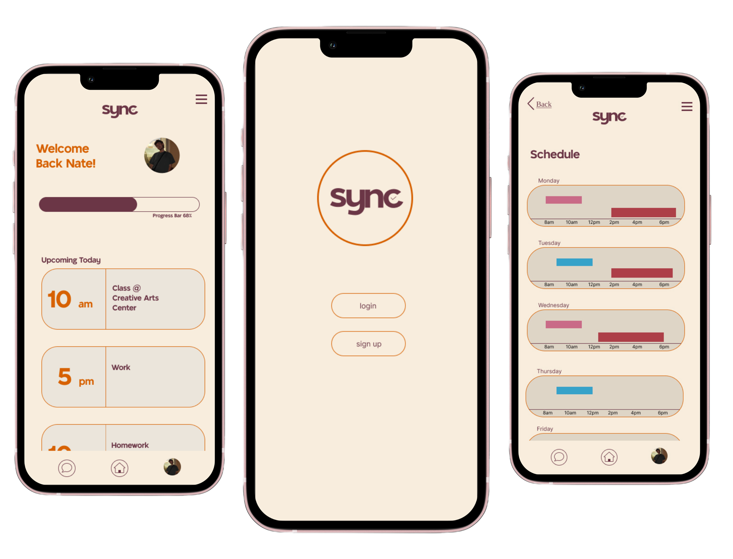 3 iPhones displaying diferent pages from the application