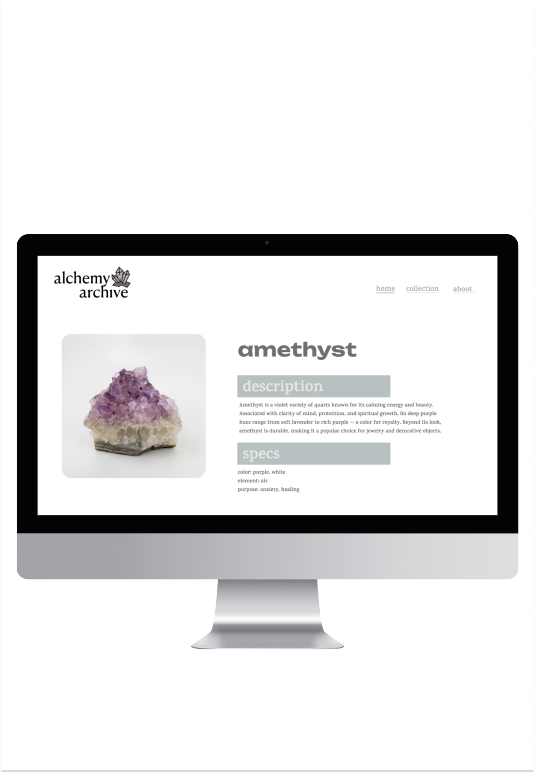 iMac displaying the website which is show casing a purple crystal Amethyst